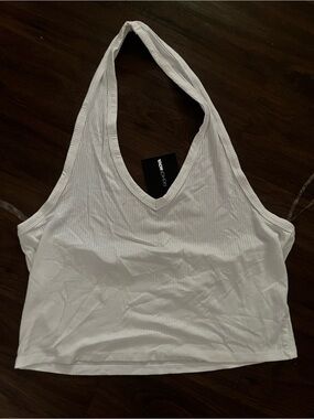 Fashion Nova White Ribbed V-Neck Halter Crop Tank